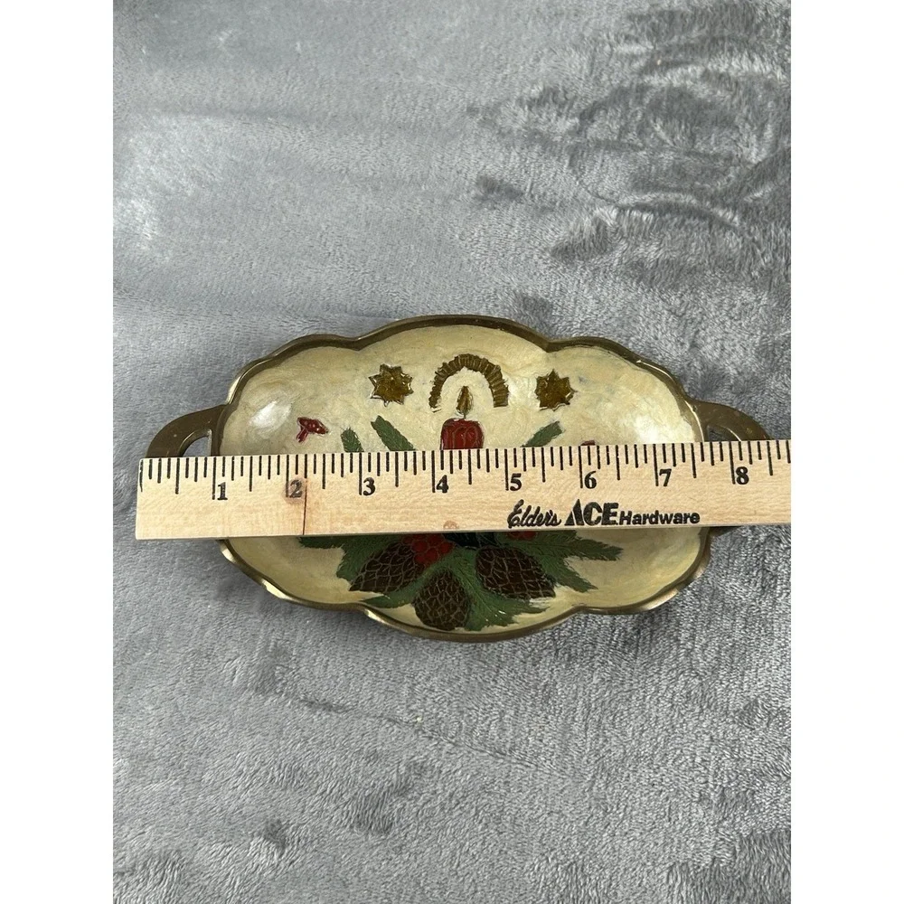 VTG Holiday Brass Enamel‎ Christmas Candle Trinket Dish with Handles Cloisonne